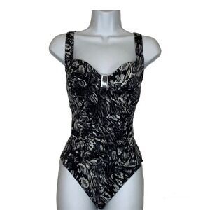 Calvin Klein Womens One Piece Swimsuit Size 8 Black Print Ruching Padded Bust